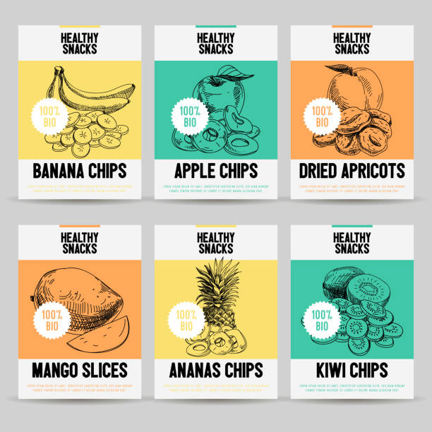 ilustrações de stock, clip art, desenhos animados e ícones de beautiful vector hand drawn healthy snack card set. - dried apple