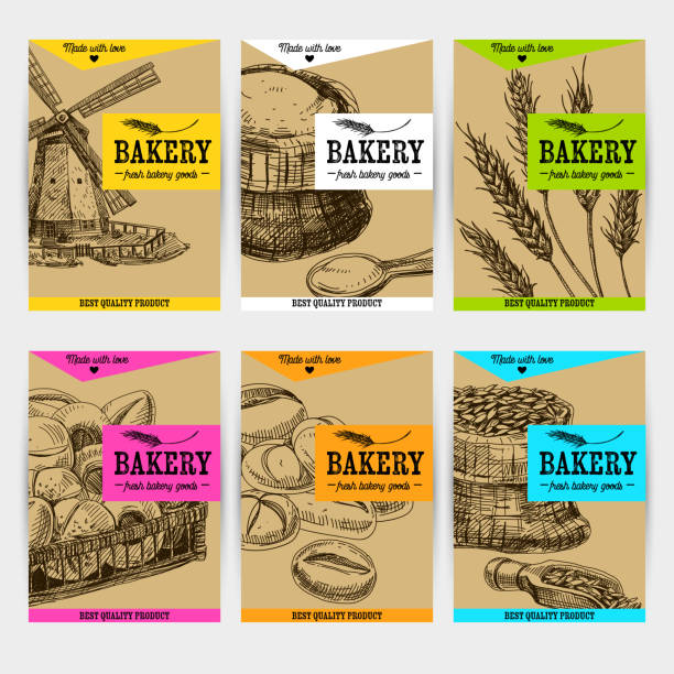 Beautiful vector hand drawn bakery card set. Beautiful vector hand drawn bakery card set. Detailed trendy style images. Modern sketch elements collection for packaging or cards design. flour label designs stock illustrations