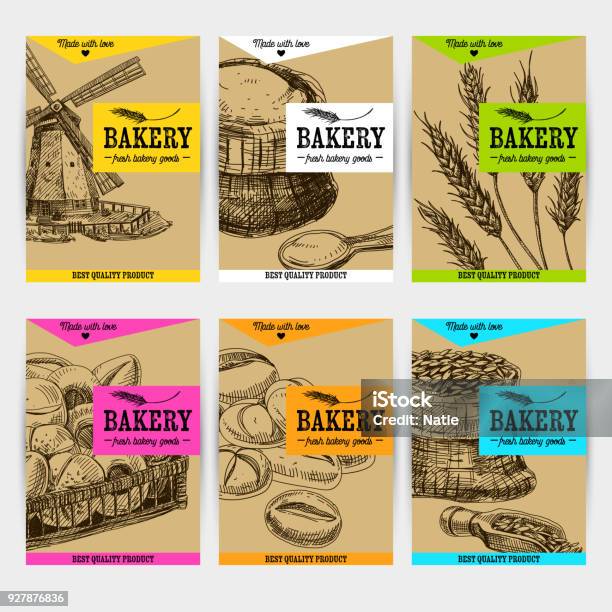 Beautiful Vector Hand Drawn Bakery Card Set Stock Illustration - Download Image Now - Bread, Wheat, Logo