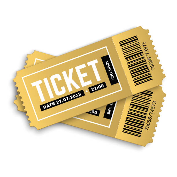 Two vector golden cinema, movie, theatre, concert, performance, party, event, festival tickets Vector golden party ticket isolated on white background. Cinema, theatre,  concert, play, party, event and festival gold ticket realistic template set. Ticket icon for website. ticket stock illustrations