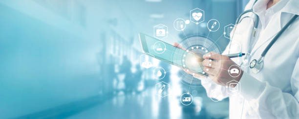 istock Medicine doctor and stethoscope touching icon medical network connection with modern interface on digital tablet in hospital background. Medical technology network concept 927888456