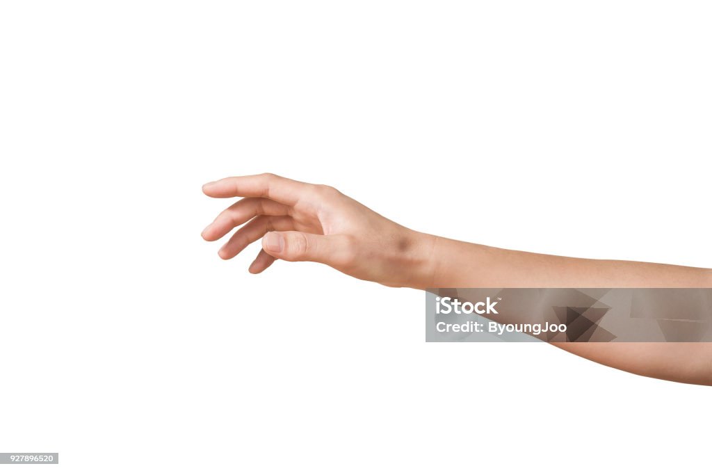 mano dell'uomo sta toccando qualcosa come un monitor dello schermo isolato su sfondi bianchi - Foto stock royalty-free di Mano