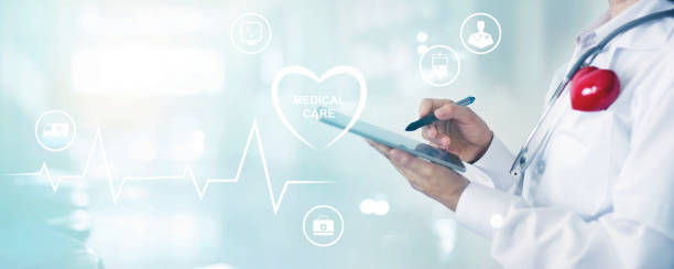 istock Medicine doctor and stethoscope touching information network connection on tablet interface and icon medical care. Medical service and technology concept 927897382