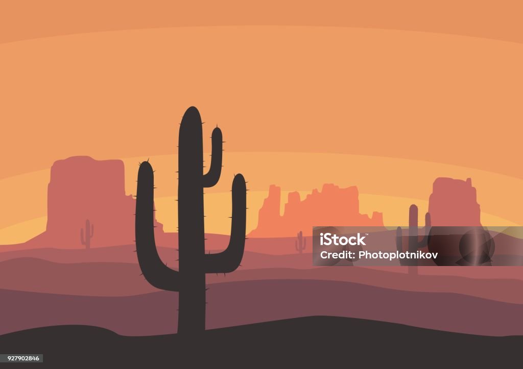 Desert landscape with cactus, hills and mountains silhouettes. Nature sunset on a background of a mountain landscape. Extreme tourism and travelling. Vector illustration Wild West stock vector