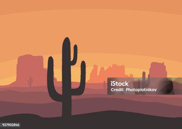 Desert Landscape With Cactus Hills And Mountains Silhouettes Nature Sunset On A Background Of A Mountain Landscape Extreme Tourism And Travelling Vector Illustration Stock Illustration - Download Image Now