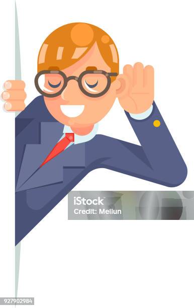 Eyeglasses Eavesdropping Ear Hand Listen Overhear Spy Out Wcartoon Male Businessman Isolated Character Flat Design Vector Illustration Stock Illustration - Download Image Now
