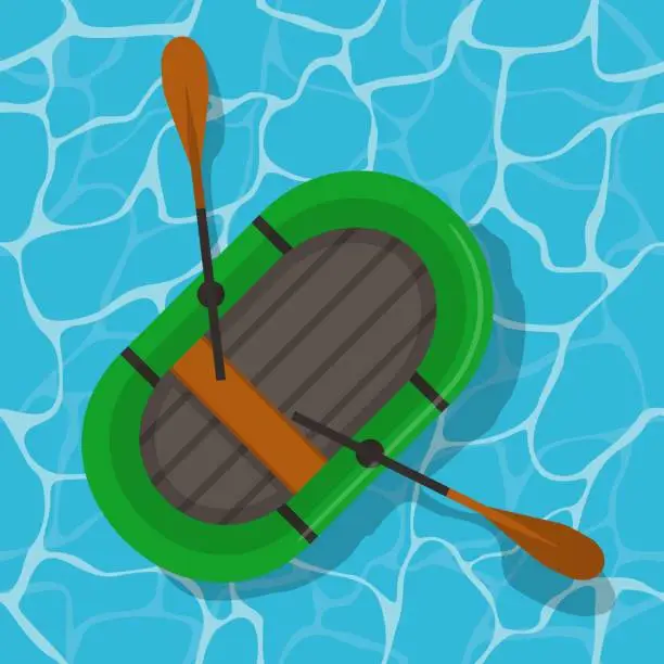 Vector illustration of Inflatable boat with paddles on water. Top wiev green rubber boat swim and oars in flat style. Vector Illustration