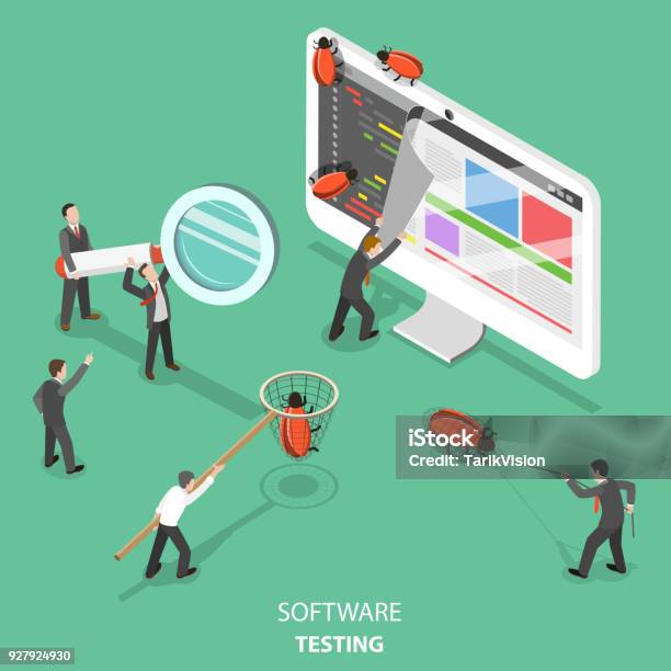 Vetores de Conceito De Plano Isométrico Vector De Teste De Software e mais imagens de Experimento