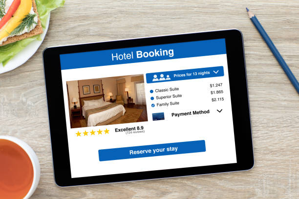 istock computer tablet with app hotel booking on screen wooden table 927927298