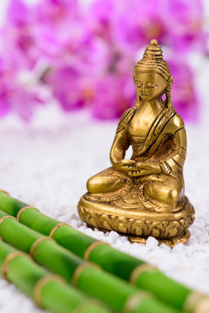 istock Buddha sculpture sitting in front of orchid flower 927941896