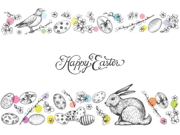 Easter vintage vector banner. Hand drawn card. Easter vintage vector banner. Hand drawn illustrations of bunny, festive eggs, spring flowers. Happy Easter calligraphy and decorative background. easter drawings stock illustrations