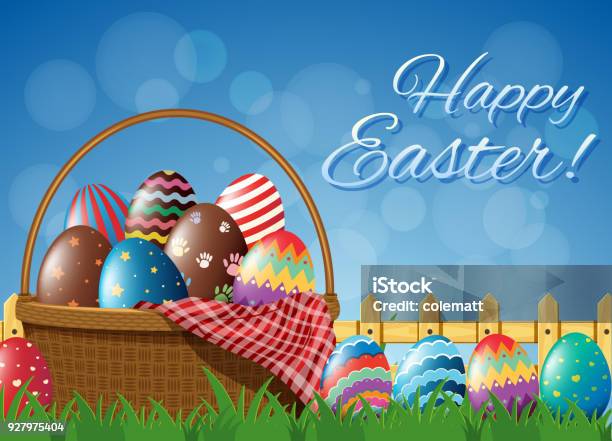 Easter Poster Design With Eggs In Basket Stock Illustration - Download Image Now - Art, Australia, Basket