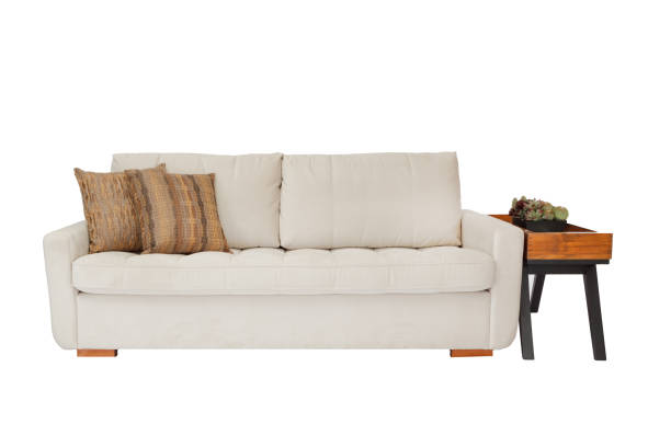istock Three seats cozy beige fabric sofa isolated on white background 927976110