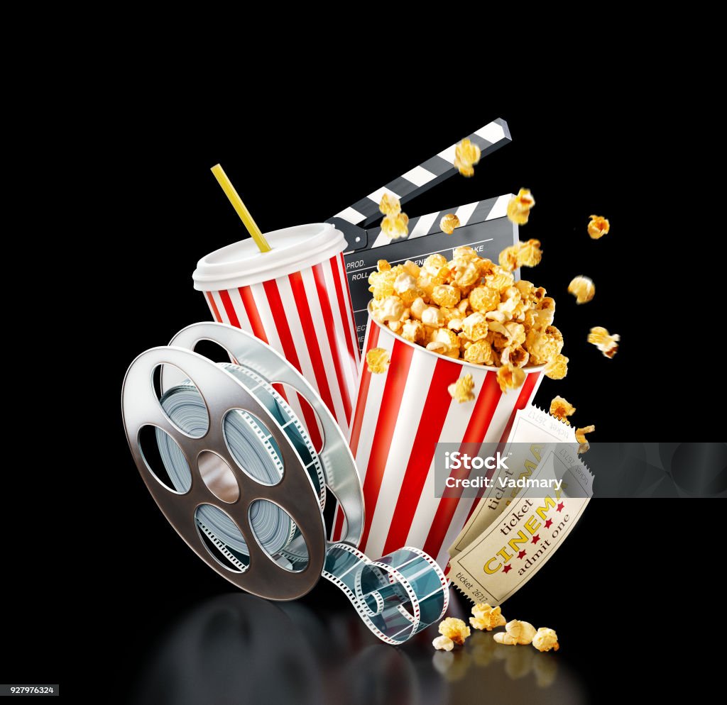 Unusual cinema concept 3D illustration Popcorn, cinema reel, disposable cup, clapper board and tickets at black background. Concept cinema theater 3D illustration. Backgrounds Stock Photo