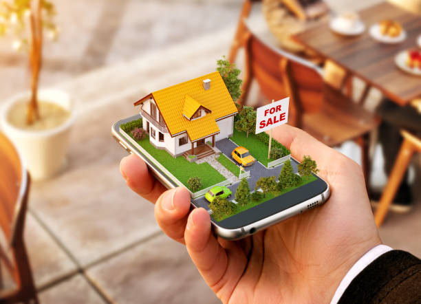 Smartphone application for online searching, buying, selling and booking real estate. Unusual 3D illustration of beautiful house on smart phone in hand Smartphone application for online searching, buying, selling and booking real estate. Unusual 3D illustration of beautiful house on smartphone in hand Real estate software stock pictures, royalty-free photos & images