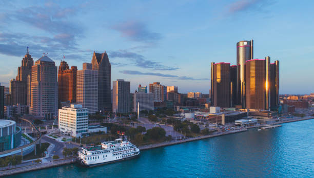 istock Detroit Skyline aerial sunset 927982342