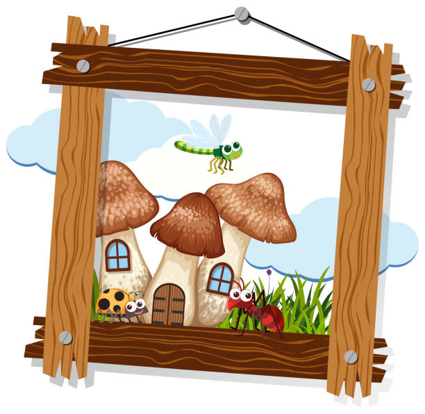 Bugs and mushroom house in wooden frame Bugs and mushroom house in wooden frame illustration ladybug frame border clip art stock illustrations