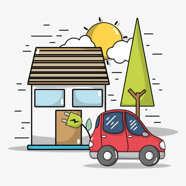 ilustrações de stock, clip art, desenhos animados e ícones de electric car with power cable technology - house residential structure cable sun