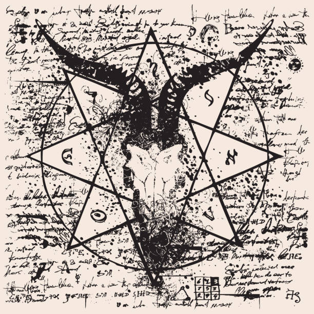 illustration with skull of goat and pentagram Vector banner with illustration of goat skull and pentagram on the background of old papyrus or manuscript with magical inscriptions, symbols and spots in grunge style demon stock illustrations