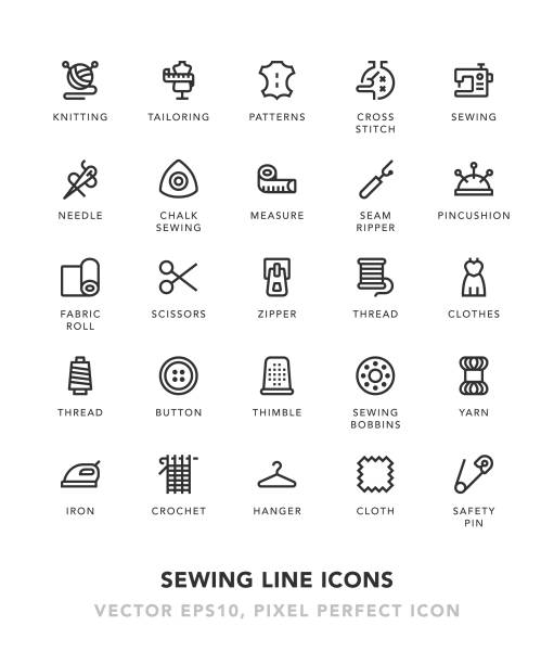 nähen linie symbole - sewing tailor sewing machine needlecraft product stock-grafiken, -clipart, -cartoons und -symbole