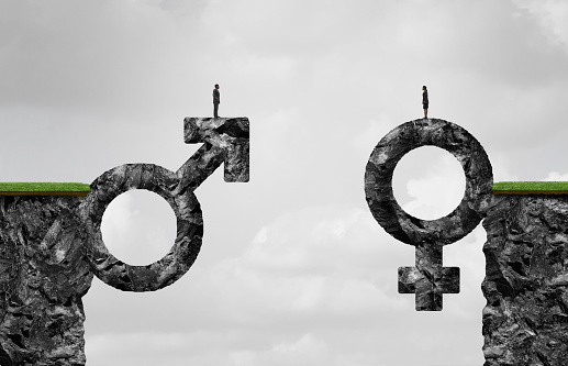 Gender gap idea and sex inequality or equality concept as a male and female symbol shaped into a mountain cliff as a metaphor for pay or wages inequity or divorce in a 3D illustration style.