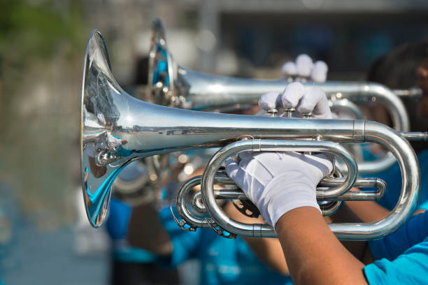 Musician play marching trumpet. stock photo