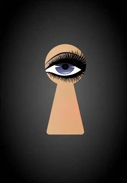 Vector illustration of beautiful woman is peeking into the keyhole, vertical, vector illustration