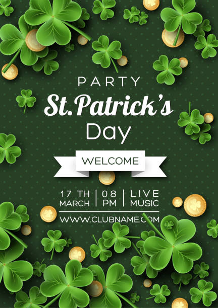 St. Patrick's Day party poster. St. Patrick's Day party poster. Clover leaves with coins on green background for greeting holiday design, invitation template. Vector illustration. st patricks stock illustrations