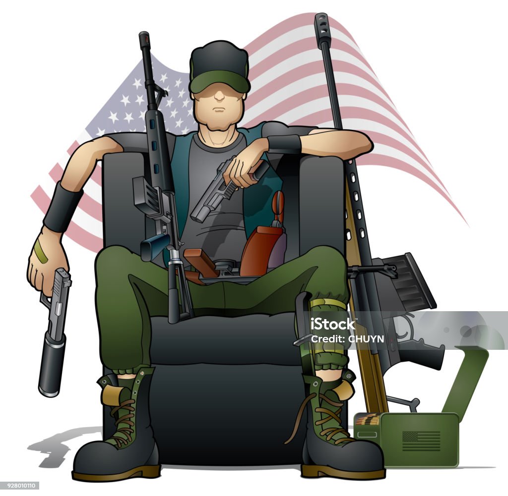 Gun control Armed man with several military weapons, a dilemma of gun control and freedom. AR-15 stock vector