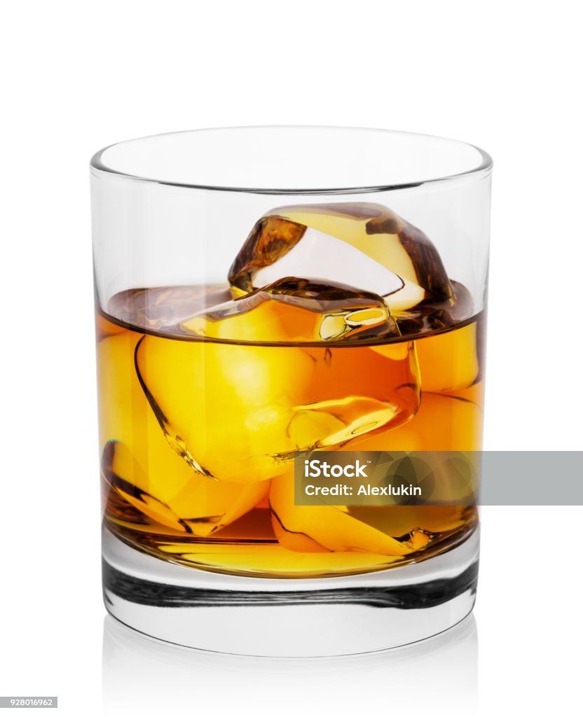 Round transparent glass of whiskey with ice Round transparent glass of whiskey with ice isolated on white background Whiskey Stock Photo