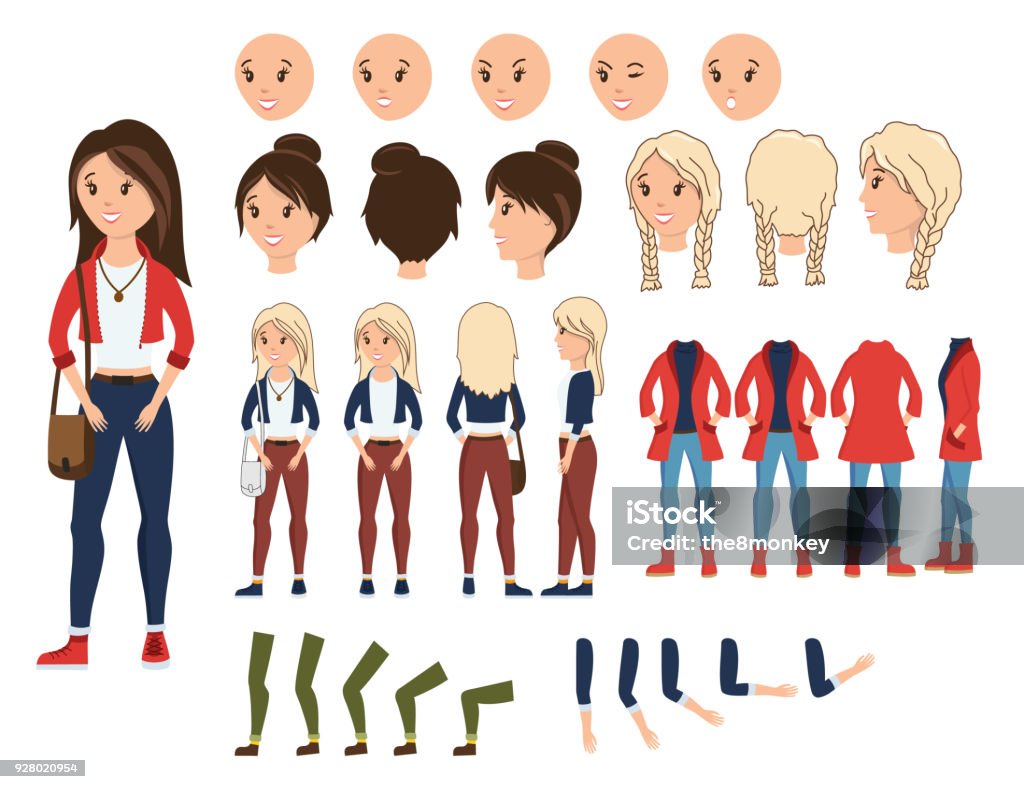 Girl character creation set vector illustration. Female constructor with various emotion on face, hand, leg, pose, hairstyle. Front, side, back view animated teenager with bag over shoulder Girl character creation set vector illustration. Female constructor with various emotion on face, hand, leg, pose, hairstyle. Front, side, back view animated teenager with bag over shoulder. Characters stock vector