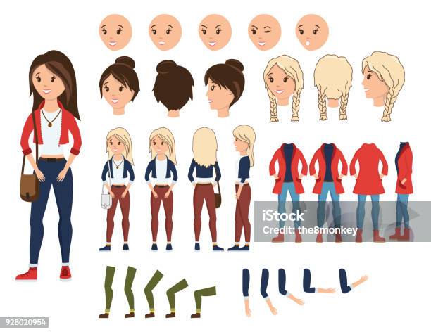 Girl Character Creation Set Vector Illustration Female Constructor With Various Emotion On Face Hand Leg Pose Hairstyle Front Side Back View Animated Teenager With Bag Over Shoulder Stock Illustration - Download Image Now