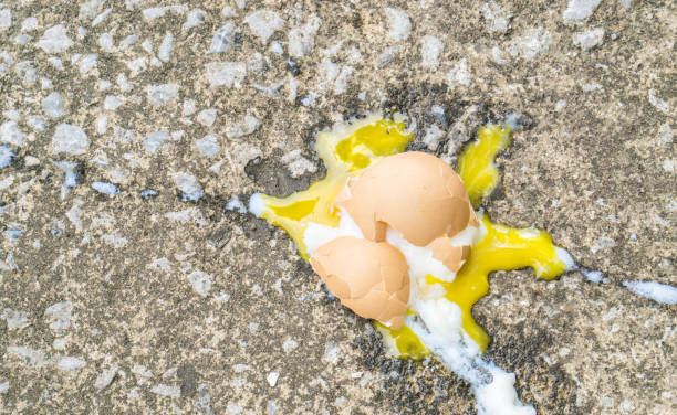 istock Soft boiled egg broken on the floor., copy space for text., food expired concept. sad concept. food concept. 928021438