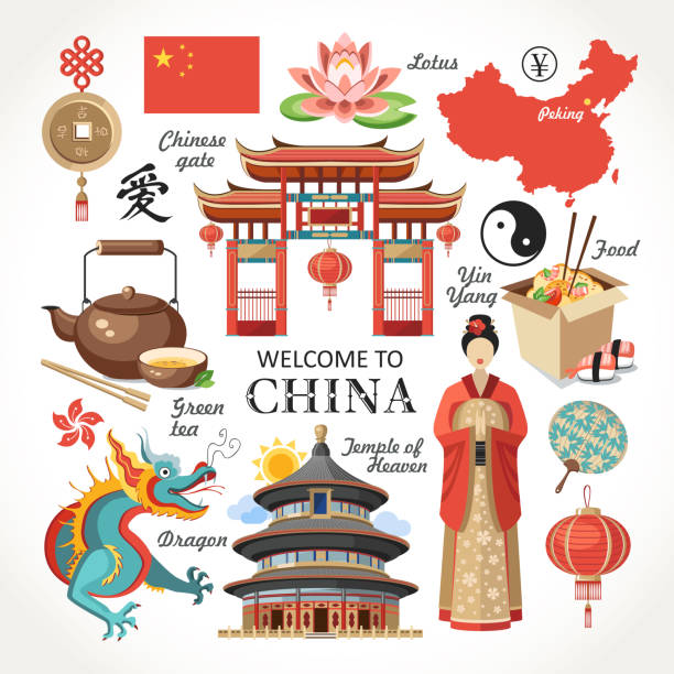 willkommen in china hauptstadt set rote sammlung - dragon chinese dragon china chinese ethnicity stock-grafiken, -clipart, -cartoons und -symbole