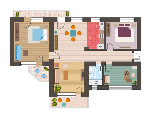 Architectural flat plan top view with living rooms bathroom kitchen and lounge furniture vector illustration Architectural flat plan top view with living rooms bathroom kitchen and lounge furniture vector illustration. cityscape designs stock illustrations