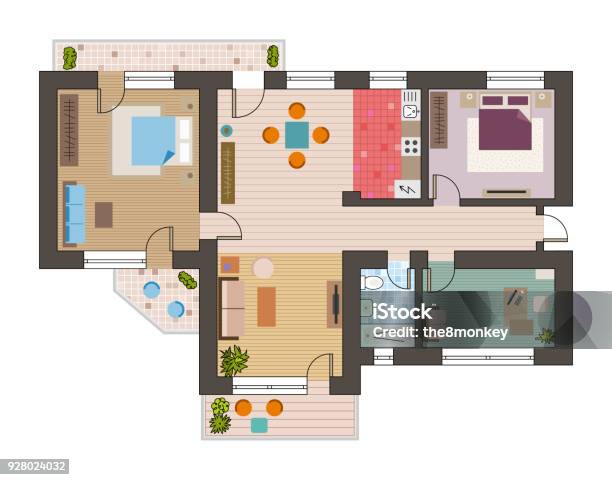 Architectural Flat Plan Top View With Living Rooms Bathroom Kitchen And Lounge Furniture Vector Illustration Stock Illustration - Download Image Now