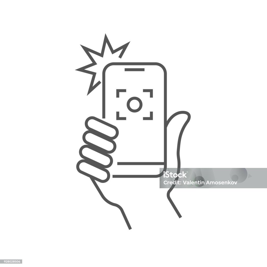 Taking selfie on smartphone concept creative icon selfie label. Hand holding smartphone linear icon. Thin line illustration. Smart phone photocamera. Editable Stroke Icon Symbol stock vector