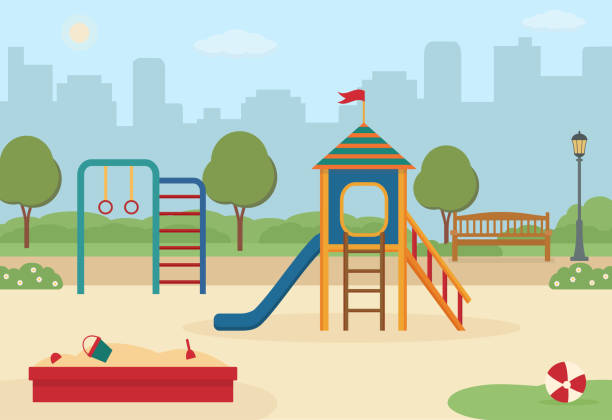 kinderspielplatz im stadtpark mit spielzeug, rutsche, sandkasten. - spielplatz stock-grafiken, -clipart, -cartoons und -symbole