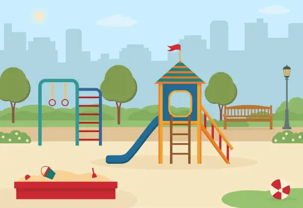 Vector illustration of Children's playground in the city park with toys, a slide, a sandpit.