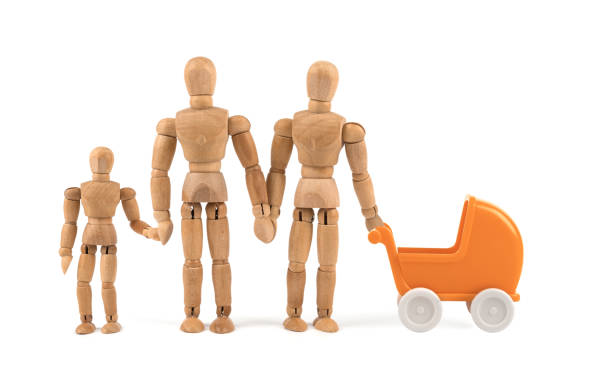 wooden mannequin family combinations - homosexual - gay couple, son and baby buggy - artists figure imagens e fotografias de stock