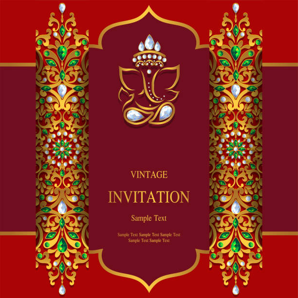illustrations, cliparts, dessins animés et icônes de modèles de carte invitation mariage indien avec ganesha or à motifs et des cristaux sur papier couleur de fond. - traditional ceremony sign symbol wedding