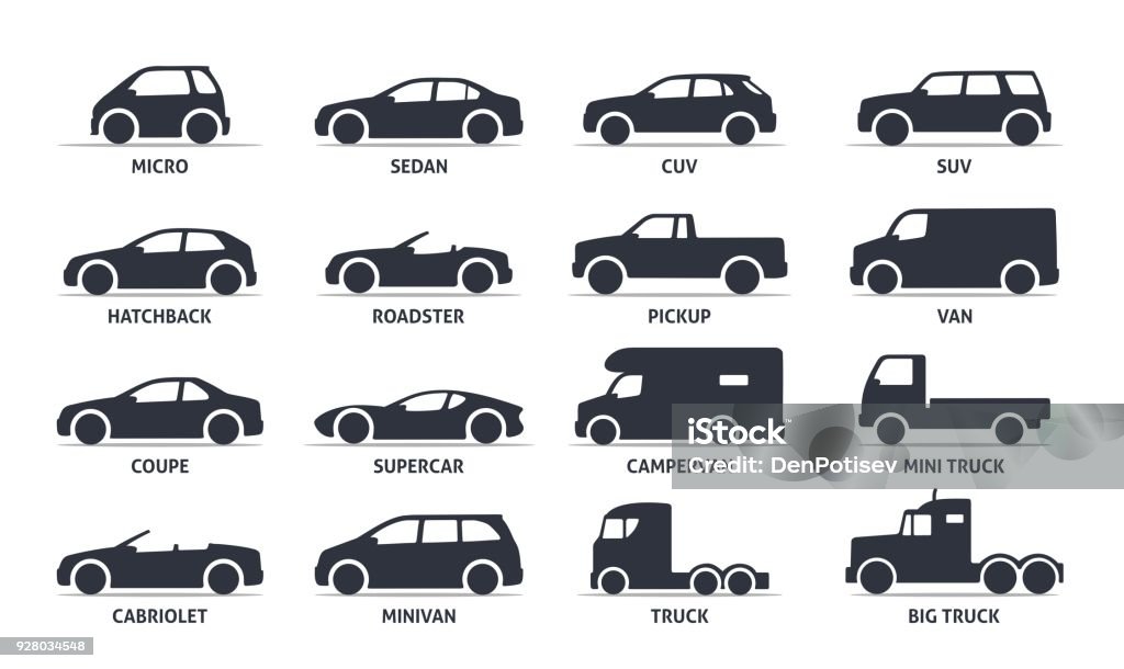 Car Type and Model Objects icons Set, automobile. Car Type and Model Objects icons Set, automobile. Vector black illustration isolated on white background with shadow. Variants of car body silhouette for web. Car stock vector
