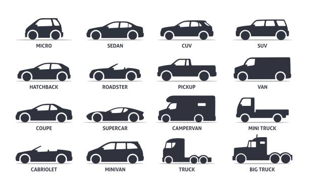 Car Type and Model Objects icons Set, automobile. Car Type and Model Objects icons Set, automobile. Vector black illustration isolated on white background with shadow. Variants of car body silhouette for web. van vehicle stock illustrations