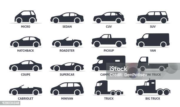 Car Type And Model Objects Icons Set Automobile Stock Illustration - Download Image Now - Car, Icon, Pick-up Truck