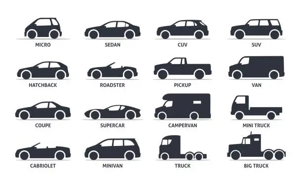 Vector illustration of Car Type and Model Objects icons Set, automobile.