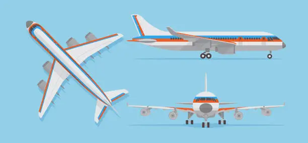 Vector illustration of Modern passenger airplane, airliner in top, side, front view. Vector aircraft in flat style