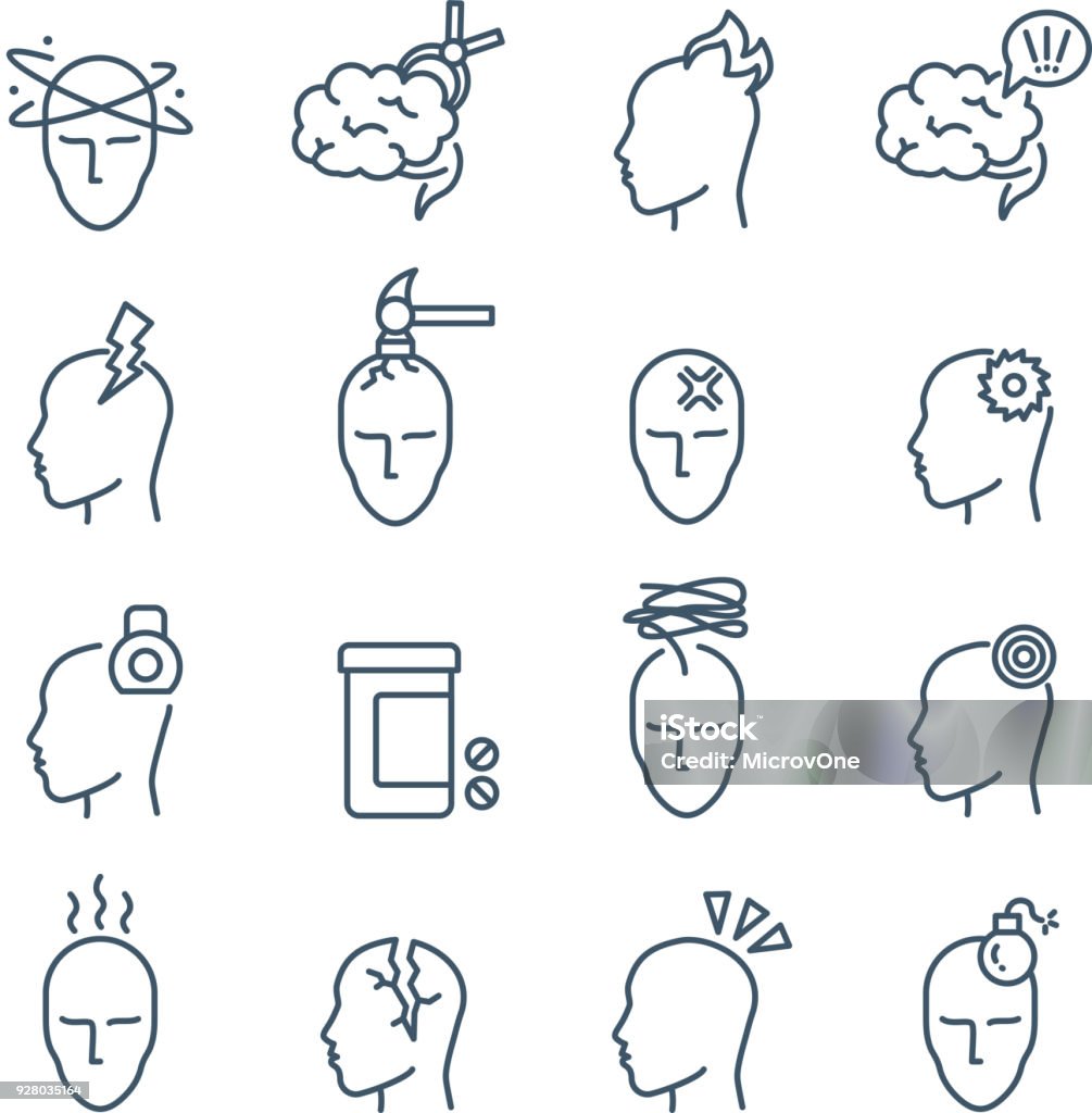 Headache, migraine pain treatment medical line vector icons Headache, migraine pain treatment medical line vector icons. Migraine and sick, human headache and disease illustration Icon Symbol stock vector