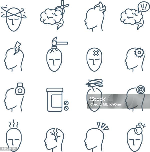 Headache Migraine Pain Treatment Medical Line Vector Icons Stock Illustration - Download Image Now