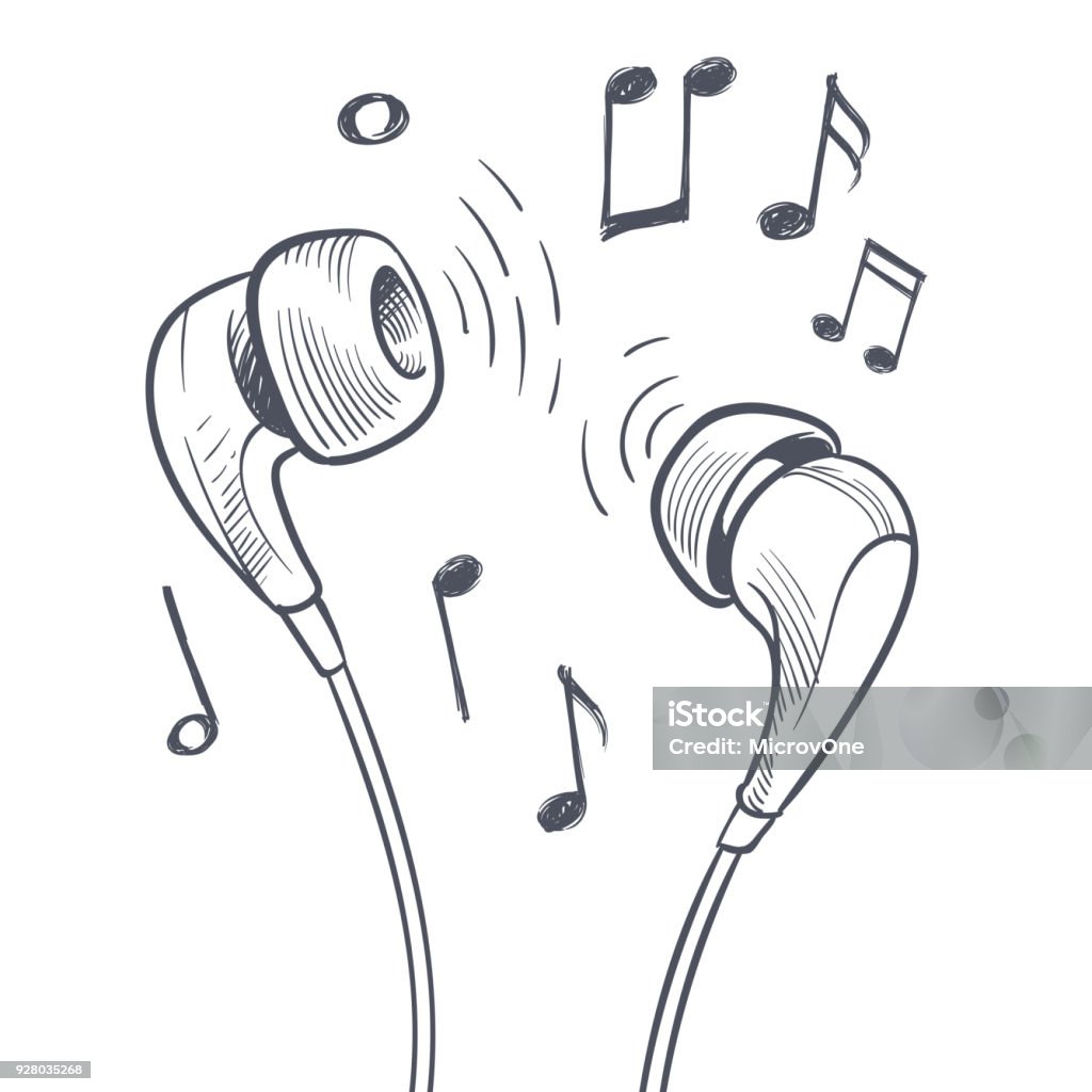 Hand drawn headphones and musical notes doodles electronic music vector concept Hand drawn headphones and musical notes doodles electronic music vector concept. Sketch headphone music audio musical illustration Headphones stock vector