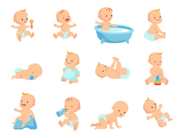 säuglings neugeborenes baby groß eingestellt in verschiedenen aktivitäten isoliert auf weiss - baby stock-grafiken, -clipart, -cartoons und -symbole
